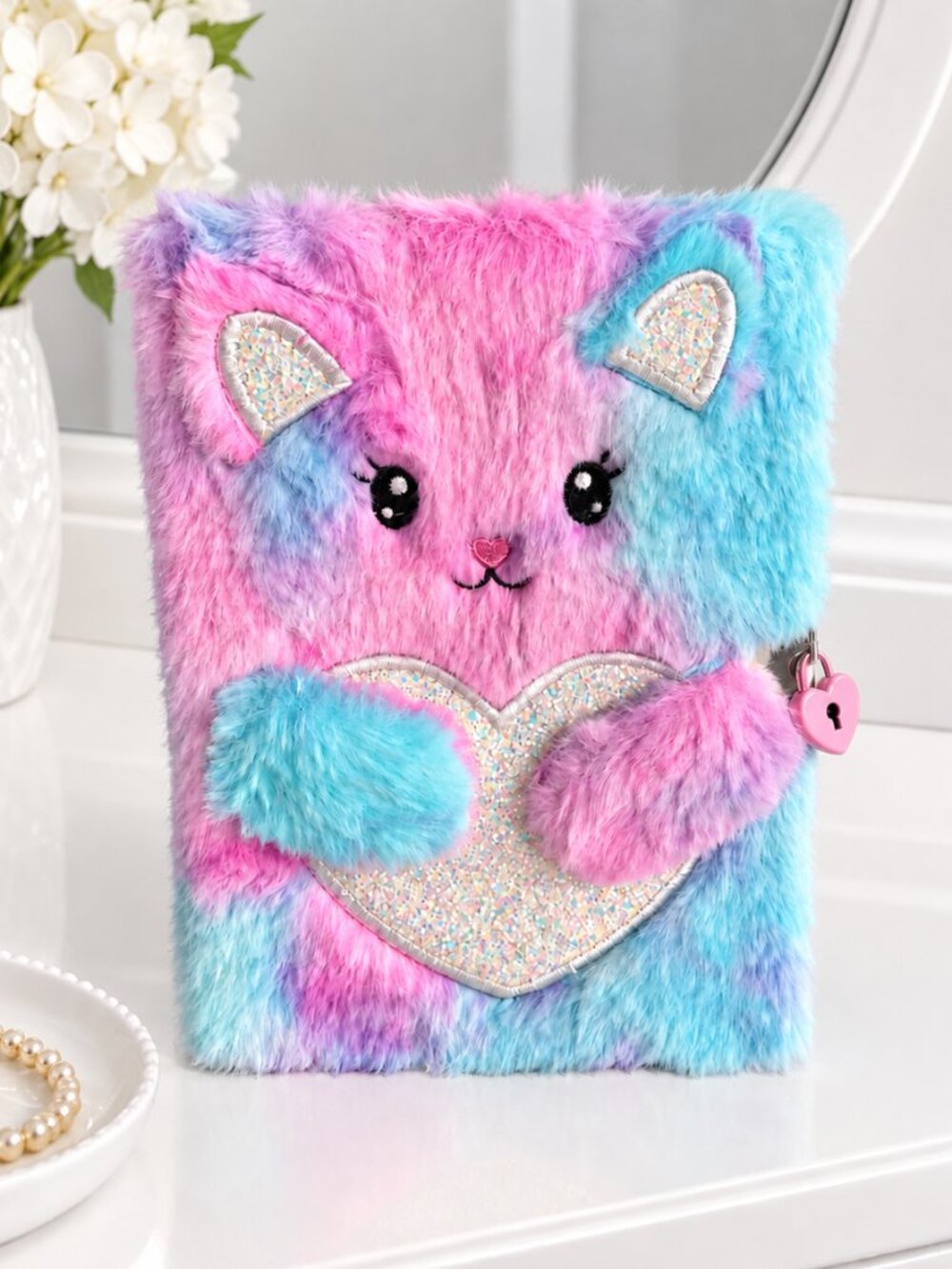 Shiny Glitter Fluffy Cat Diary with Lock
